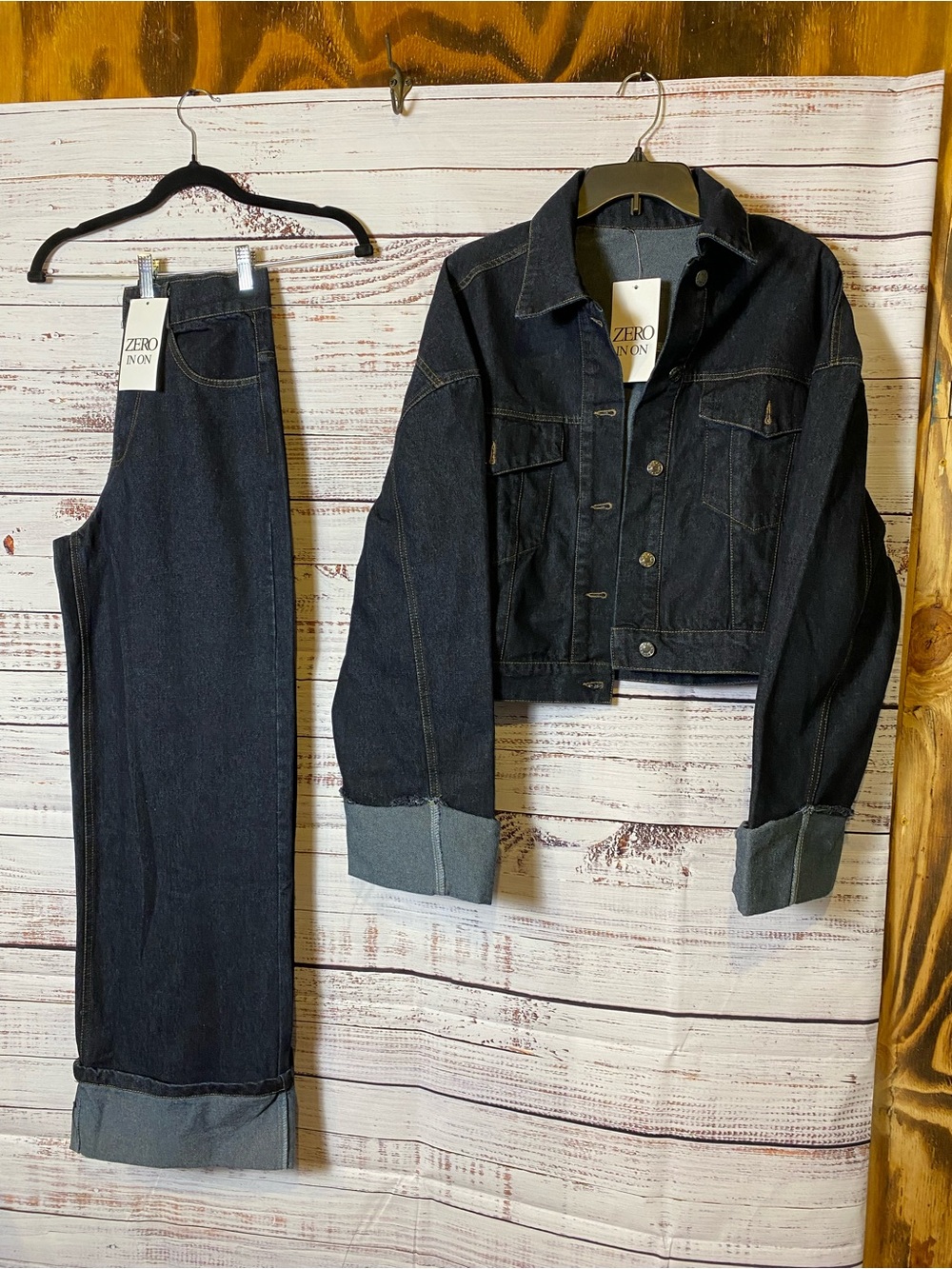 ZERO In On Dark Wash Wide Leg Jeans & Cropped Denim Jacket Set